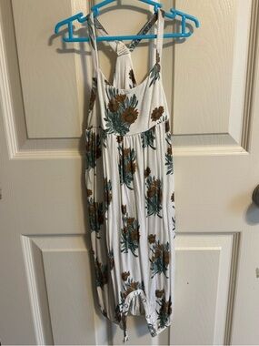 White calendula Romper with Rust and Green Print